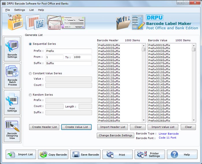 Post Office and Bank Barcode Label Maker Software - Software Screenshot