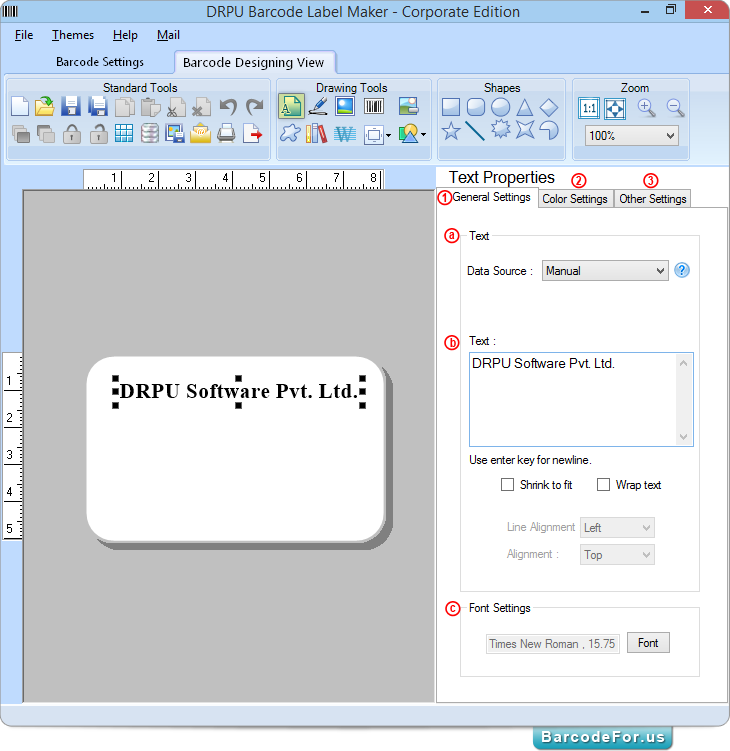 Barcode Designing View panel to generate barcode label – BarcodeFor.us