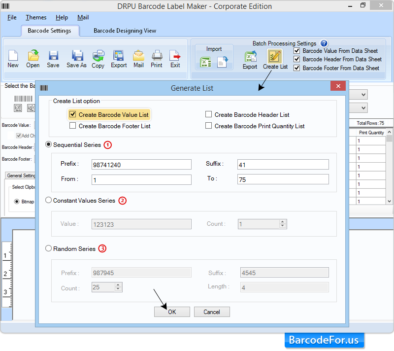 Create Barcode Value List