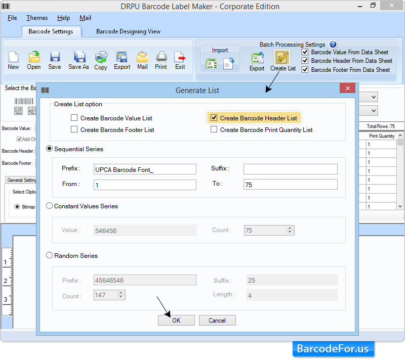 Create Barcode Header List