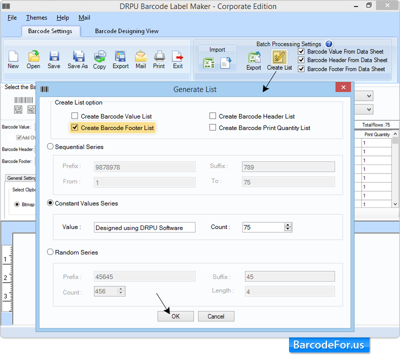 Create Barcode Footer List