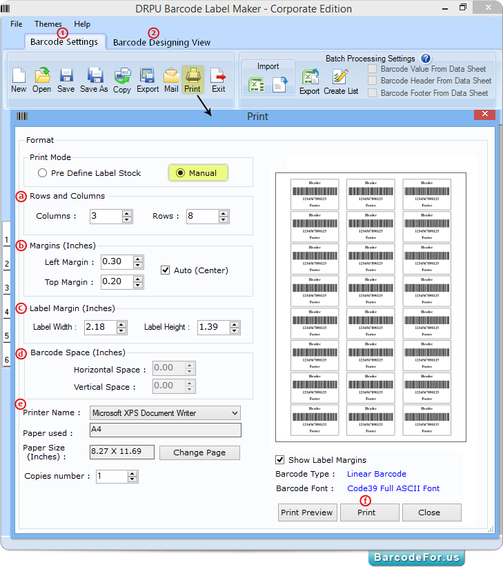 Manual printing via barcode settings