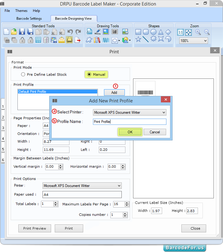 Manual printing via barcode designing view