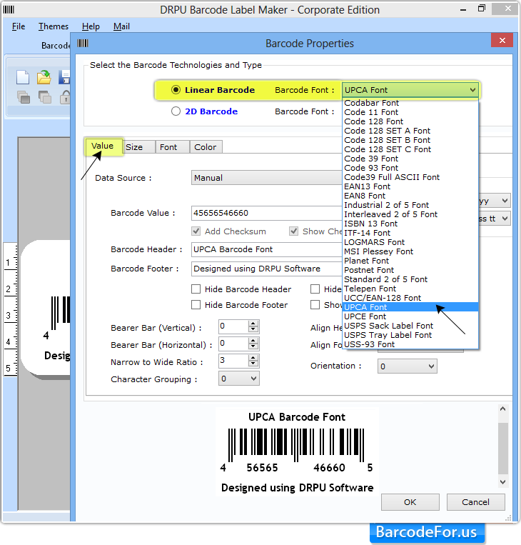 Barcode Properties - Value tab