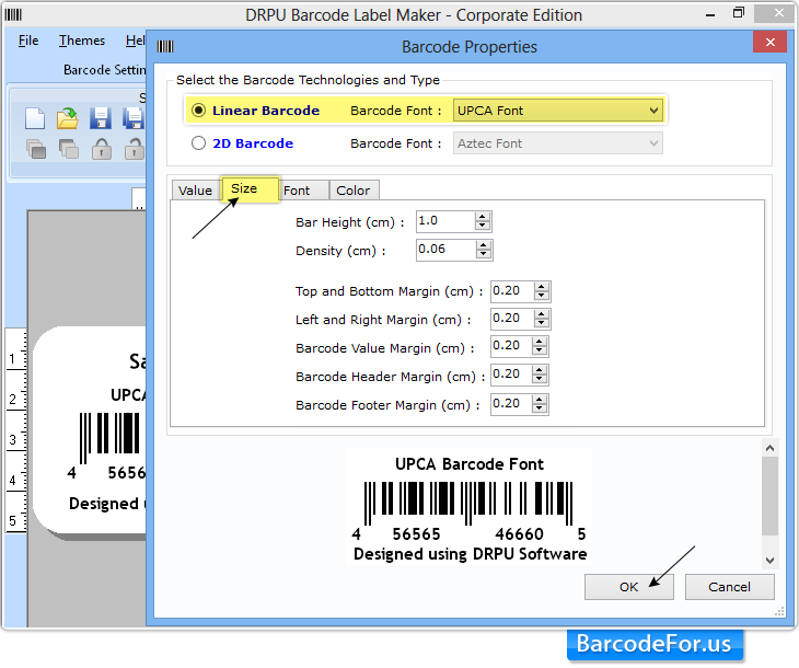 Barcode Properties - Size tab