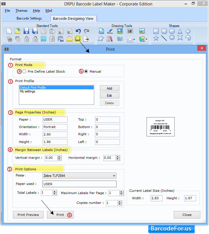 Barcode Properties - Size Tab